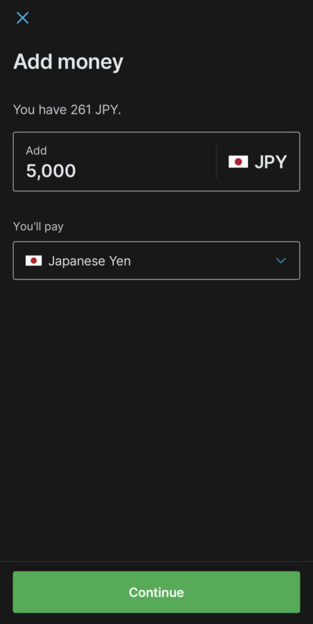 Wiseの口座に日本円をチャージする（金額選択画面）